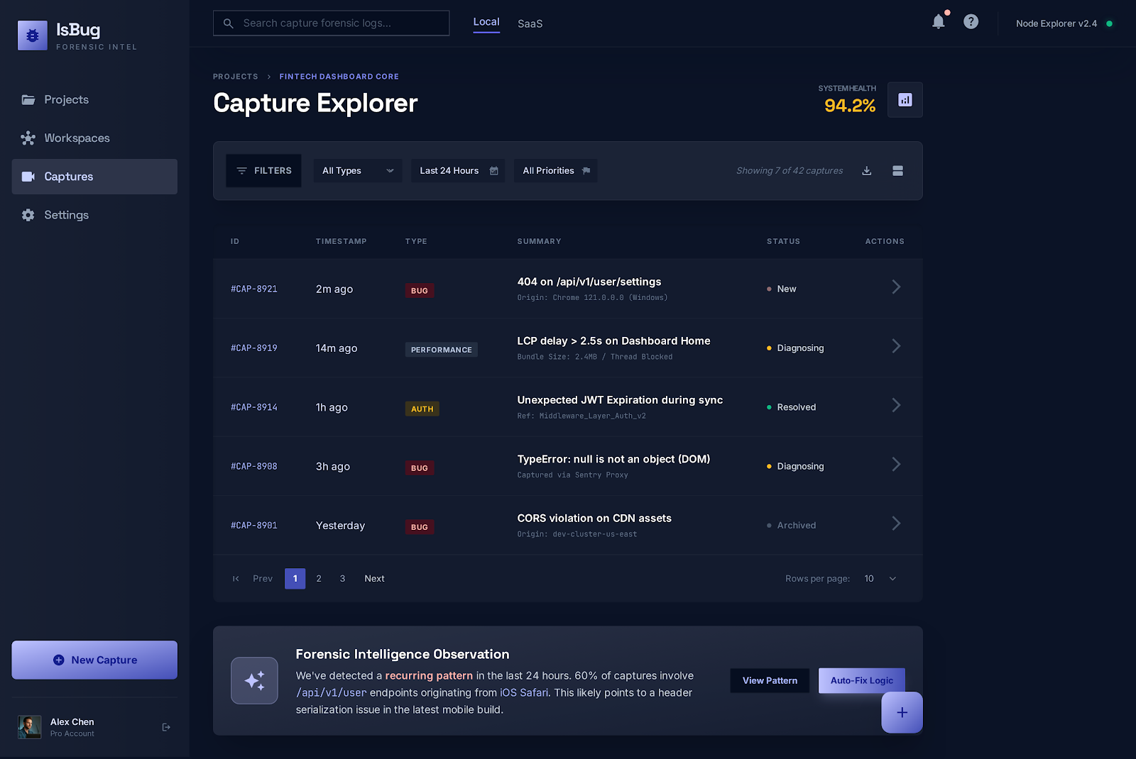 Tela Capture Explorer do IsBug com captura de evidências