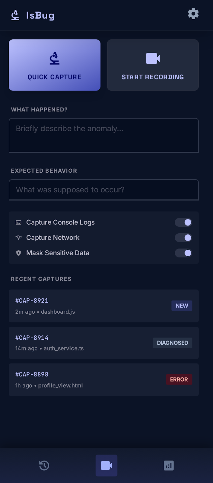 Popup da extensão IsBug no estado inicial