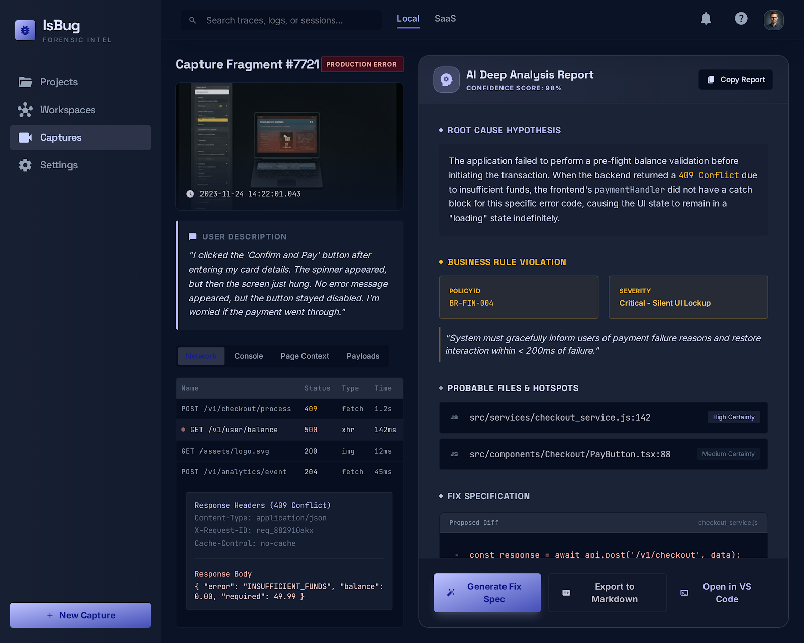 Detalhes do diagnóstico com hipótese de causa raiz