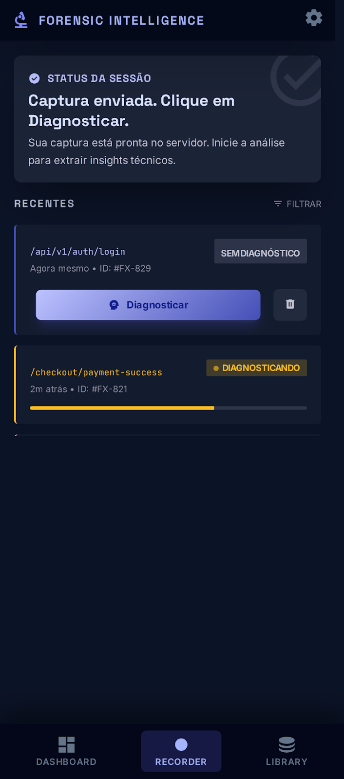 Histórico de diagnósticos no popup da extensão