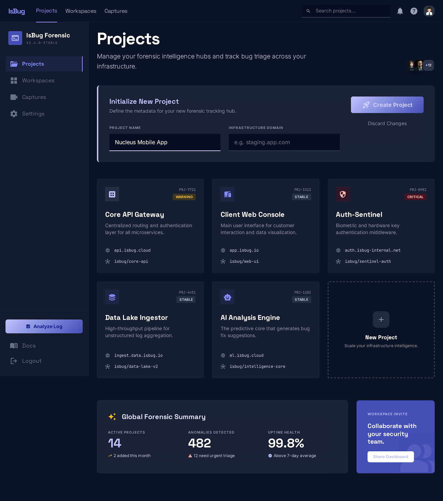 Dashboard de projetos com visão geral dos diagnósticos