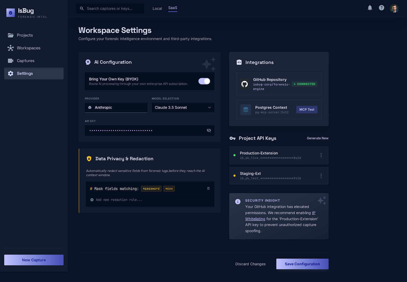 Tela de integrações e configurações do IsBug