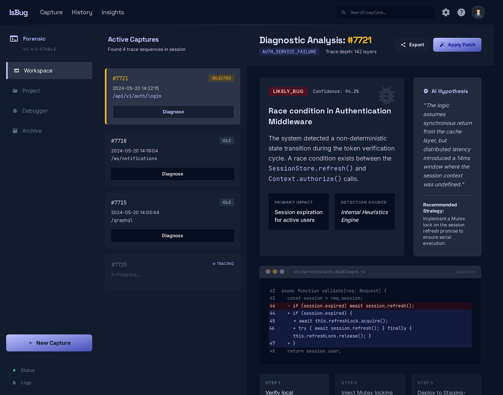 Terminal de diagnóstico do workspace com logs e análise