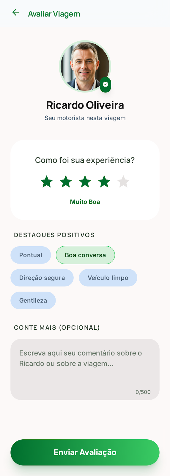 Tela para avaliação da viagem após o trajeto