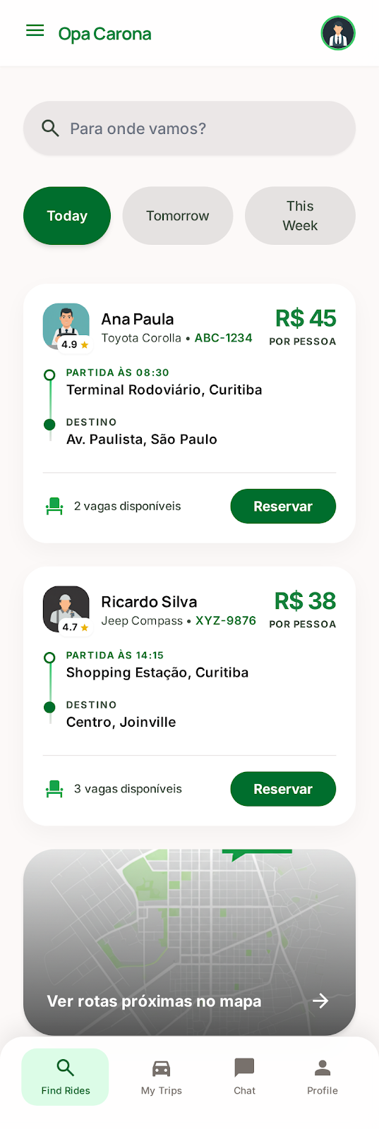 Tela de busca com lista de caronas disponíveis