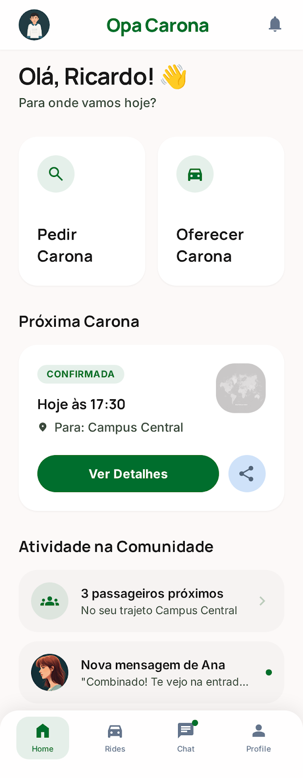 Tela inicial com resumo de rotas e ações principais
