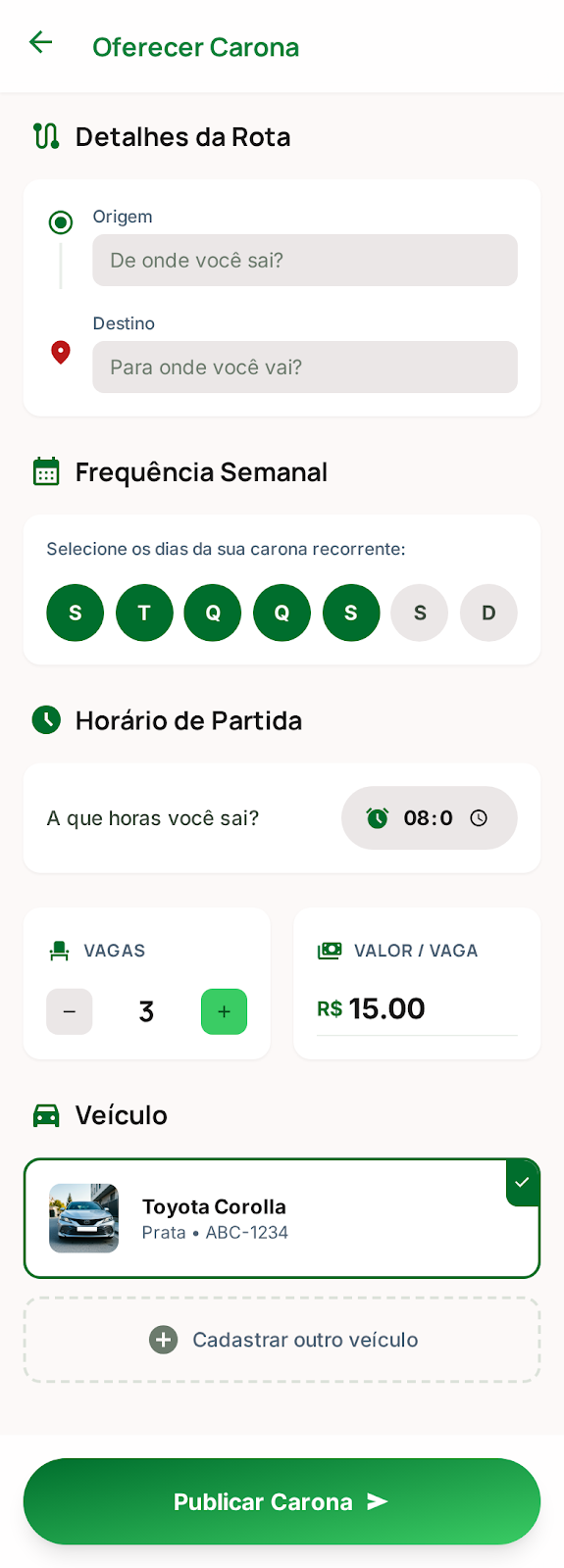 Tela para motoristas oferecerem nova carona