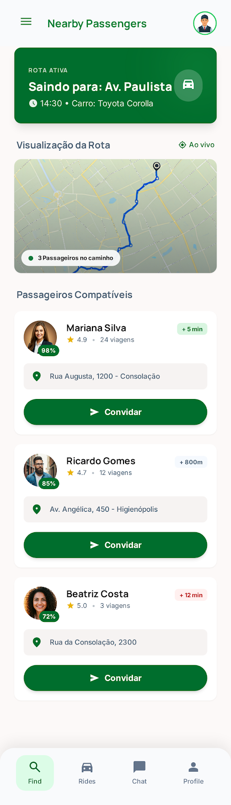 Tela com passageiros próximos para combinar carona