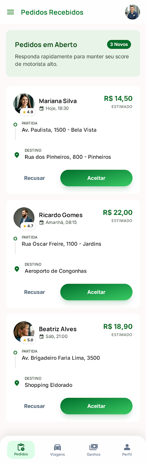 Tela com lista de solicitações recebidas pelos motoristas